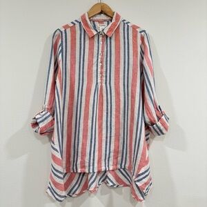 Artisan NY Striped Linen Tunic Shirt Roll Tab Sleeves Beachy Coastal M